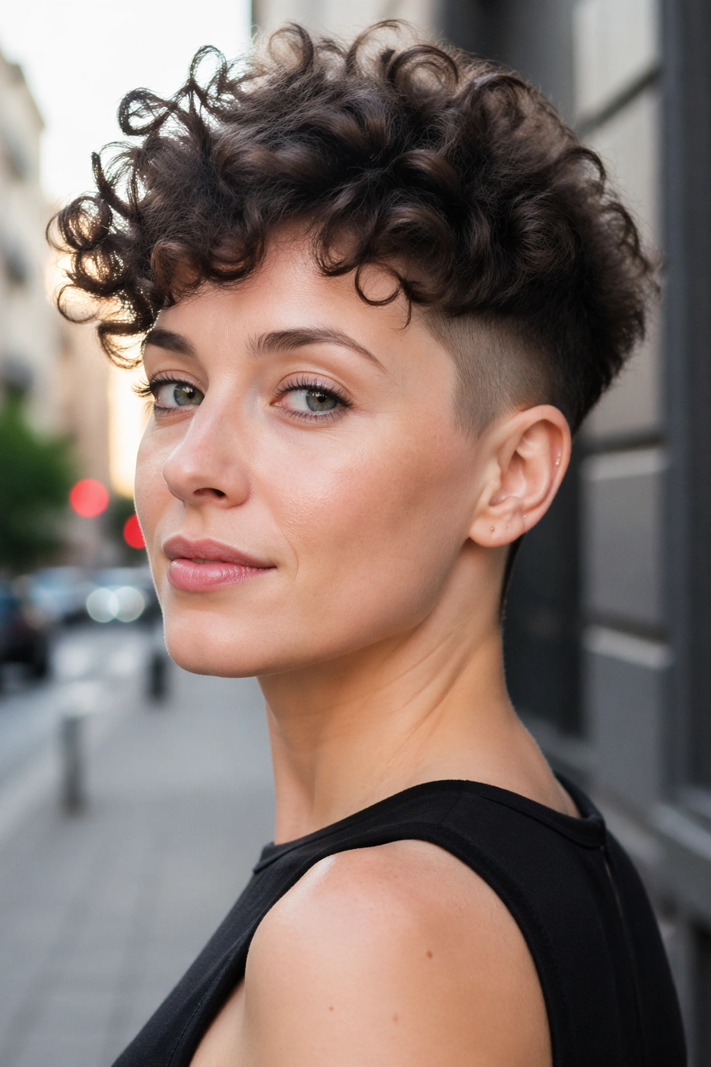 Close-up of a real person with an undercut pixie showing lift at the crown