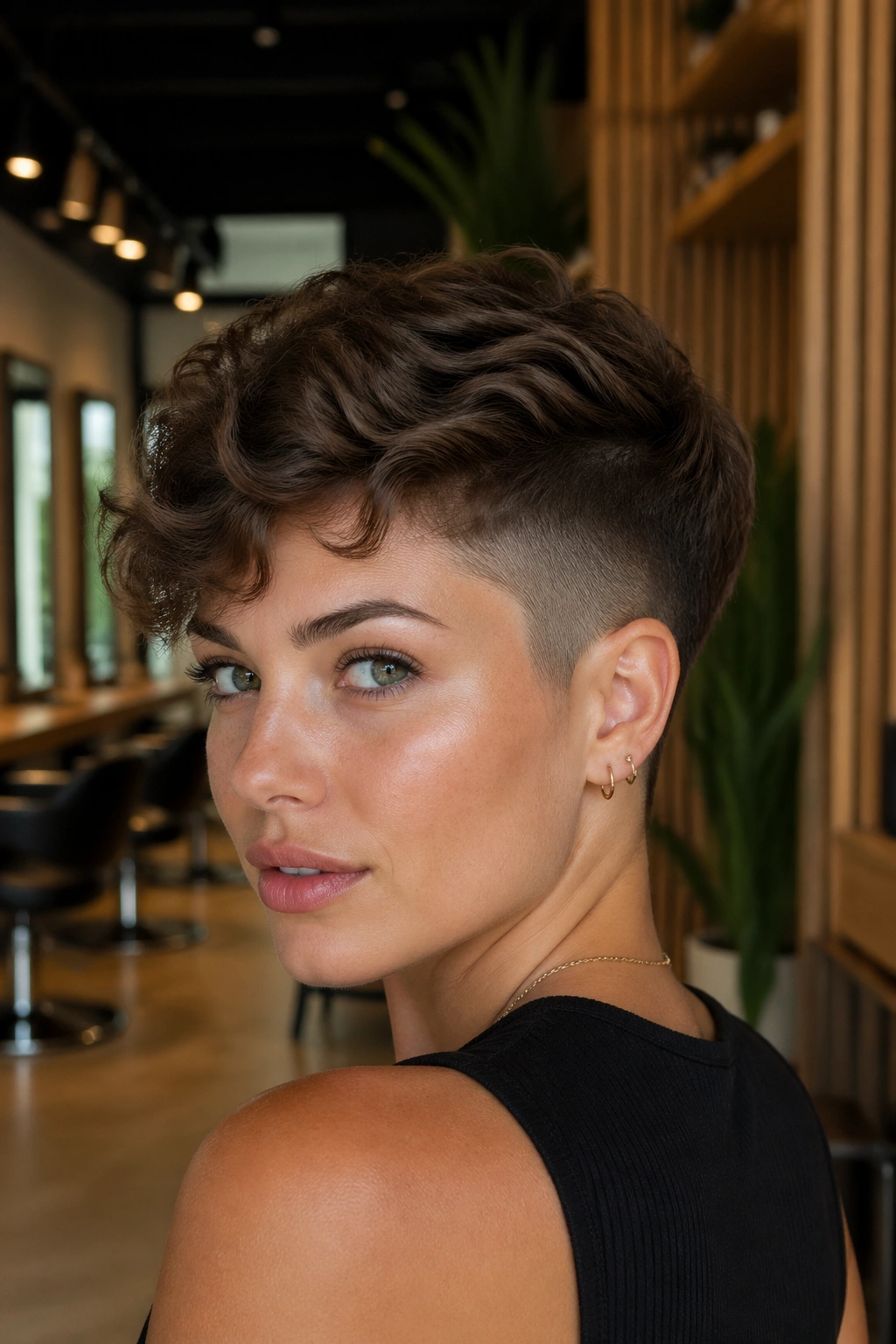 Close-up of real woman with undercut pixie hairstyle in a salon