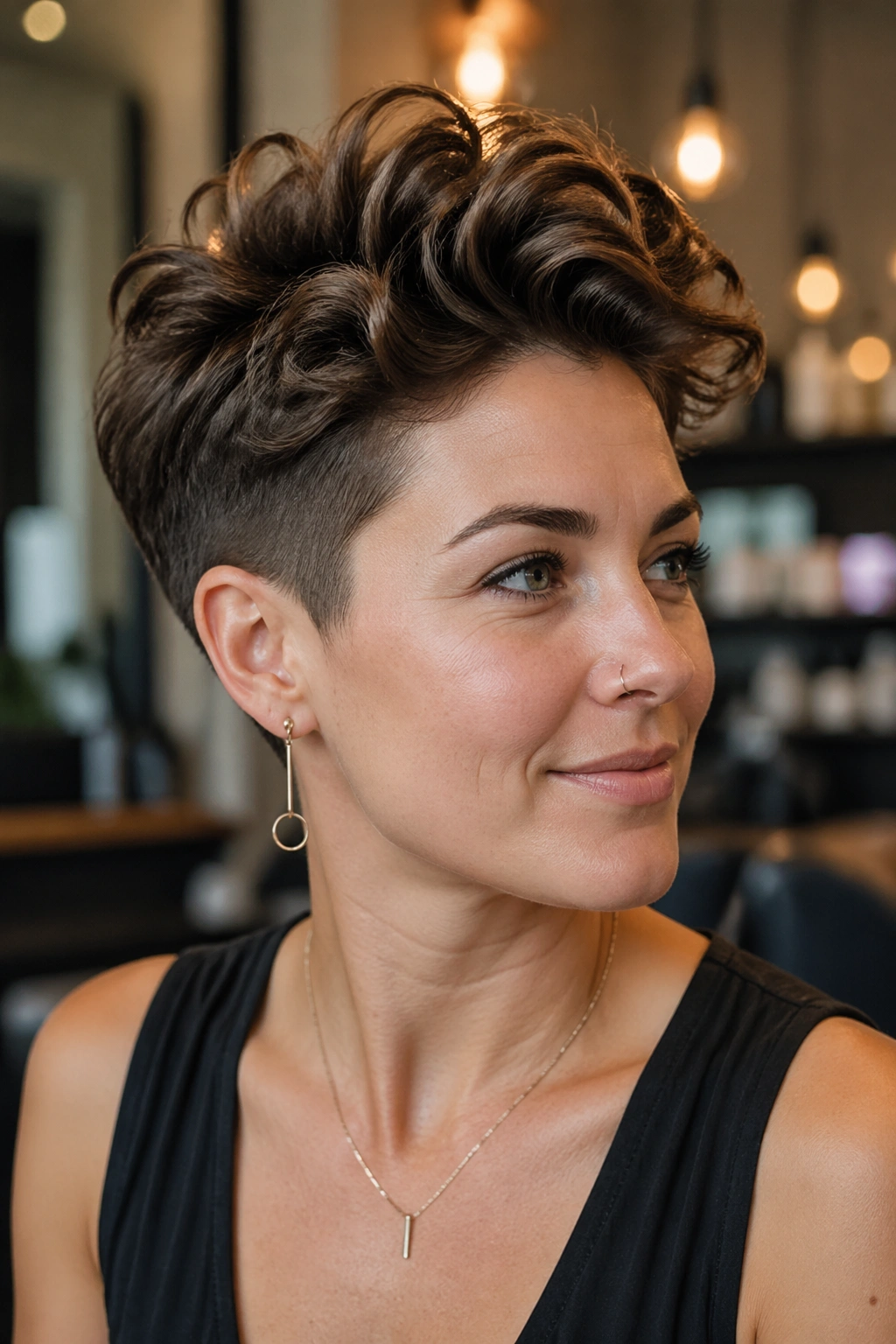 Close-up of a real woman with an undercut pixie and lifted top.