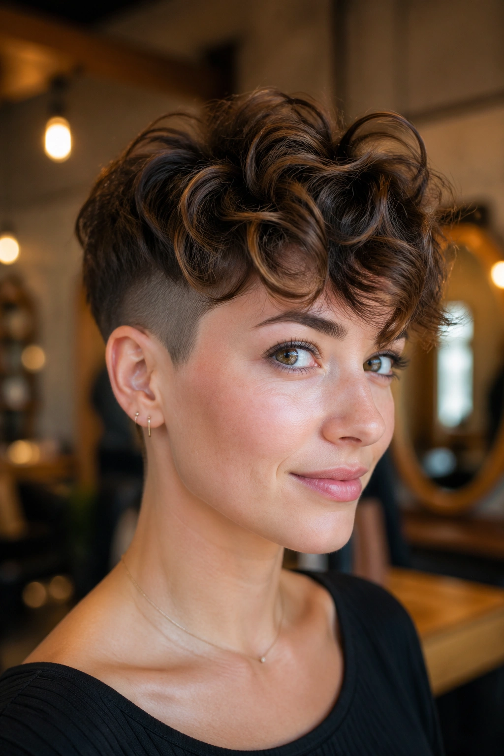 Close-up of a real woman with an undercut pixie and wavy top in a sunlit salon