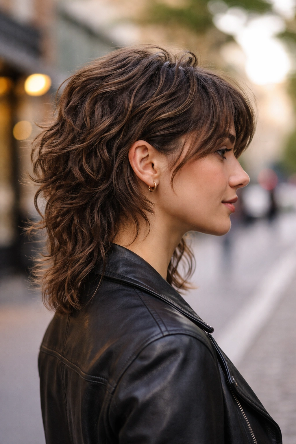 Real woman with undercut shag for thick waves, side profile.