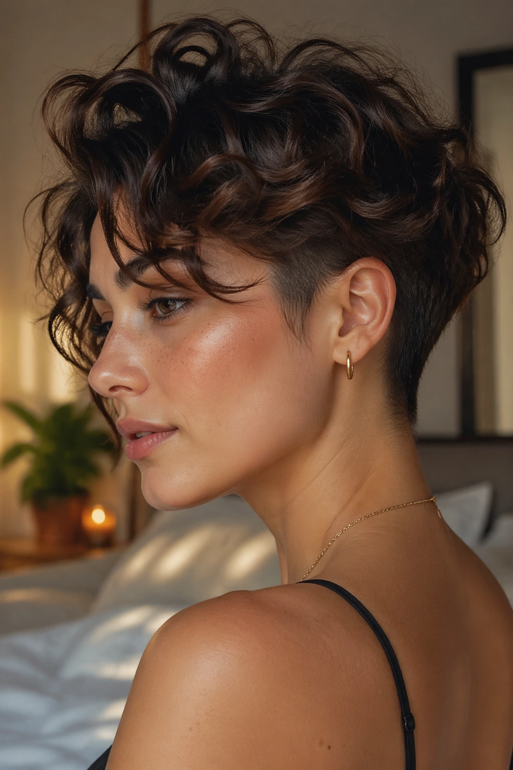 Close-up portrait of a woman with thick waves and a soft undercut at the nape