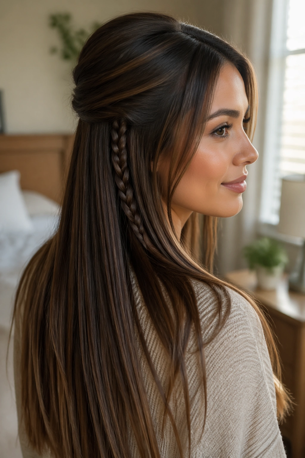 Close-up of a real woman with a hidden underlayer braid peeking from beneath smooth hair