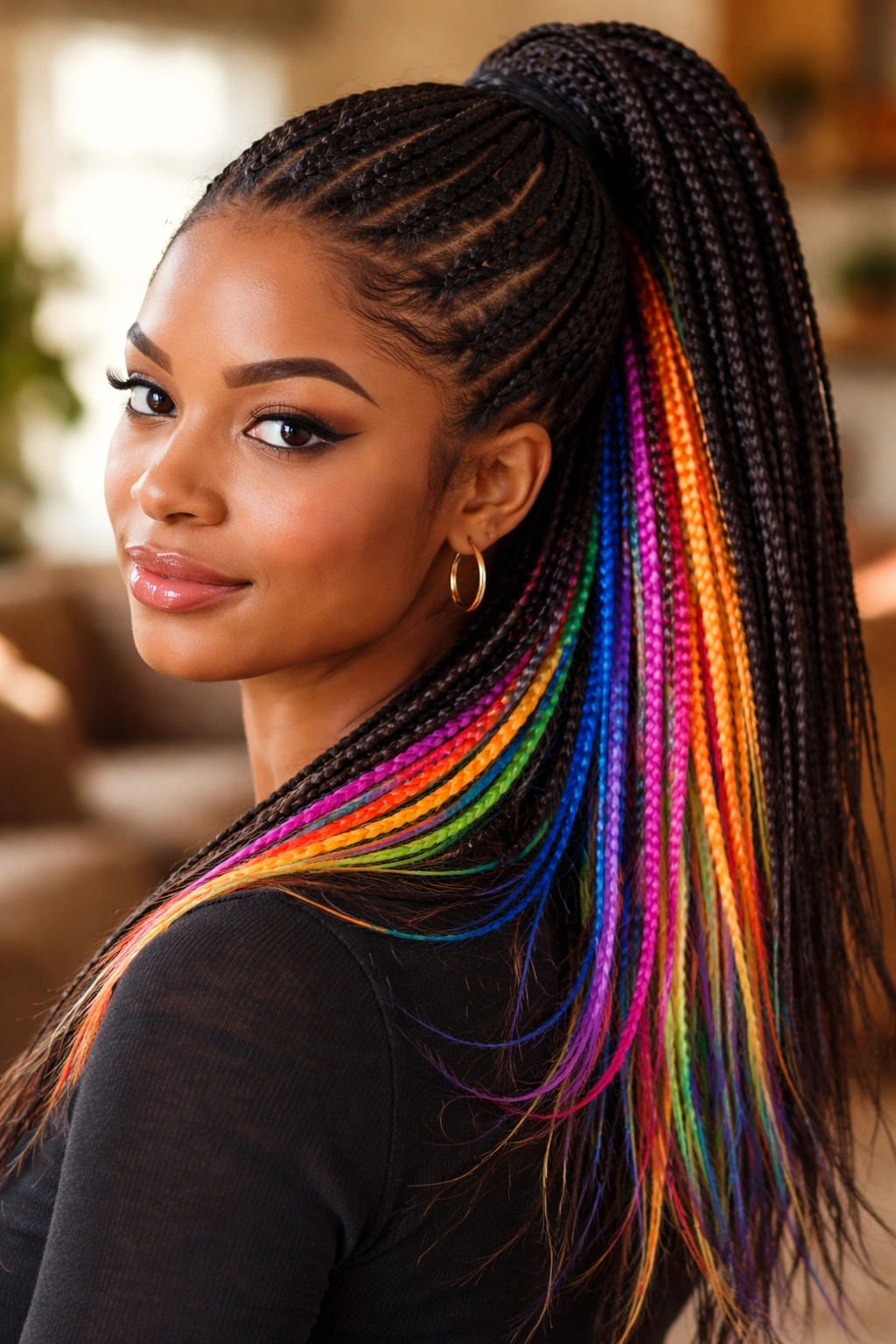 Portrait of a real person with peekaboo rainbow underlayer braids revealed when hair is tied back