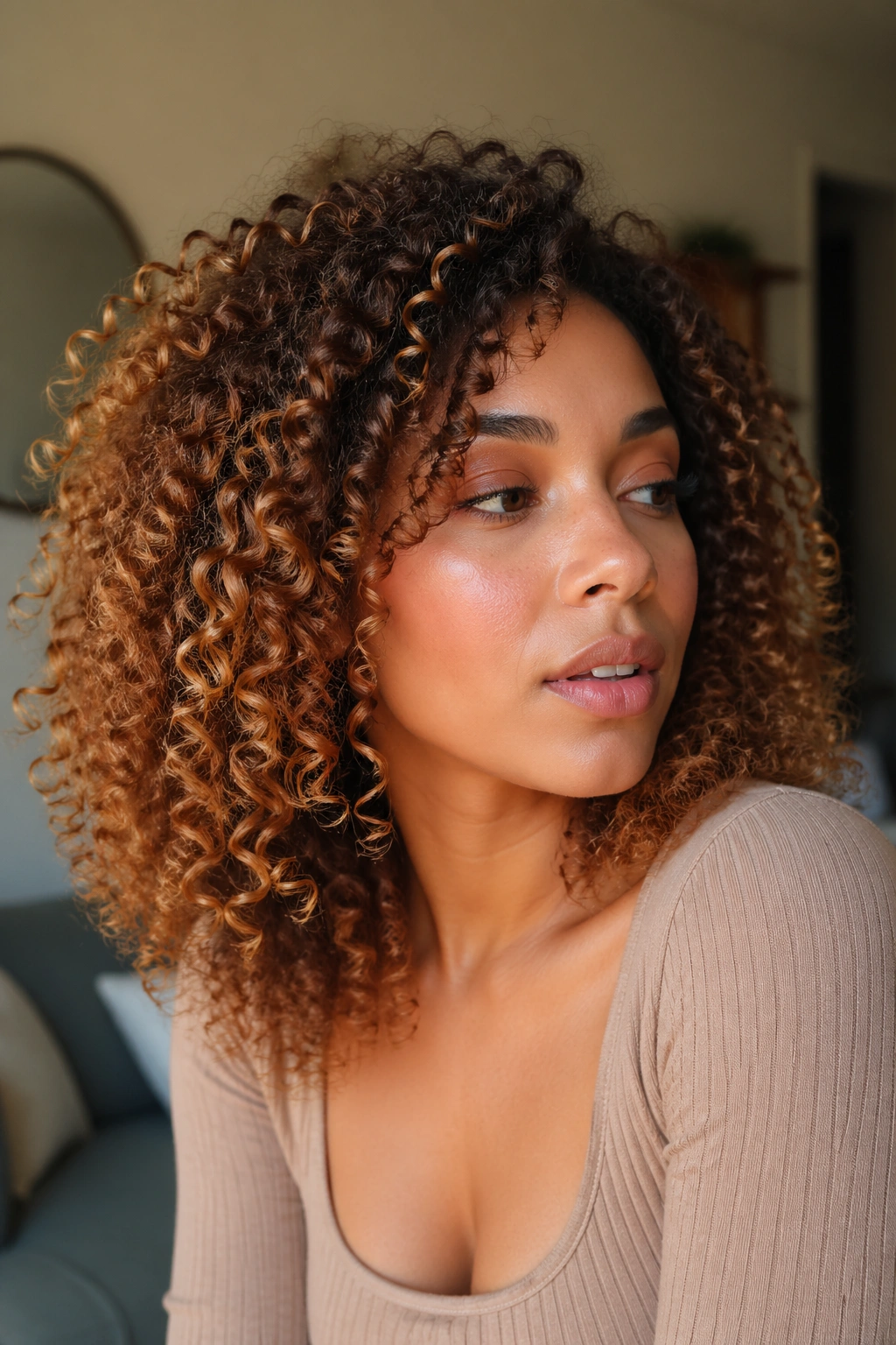 Close-up of dyed curls showing undertone-driven color on a real person.