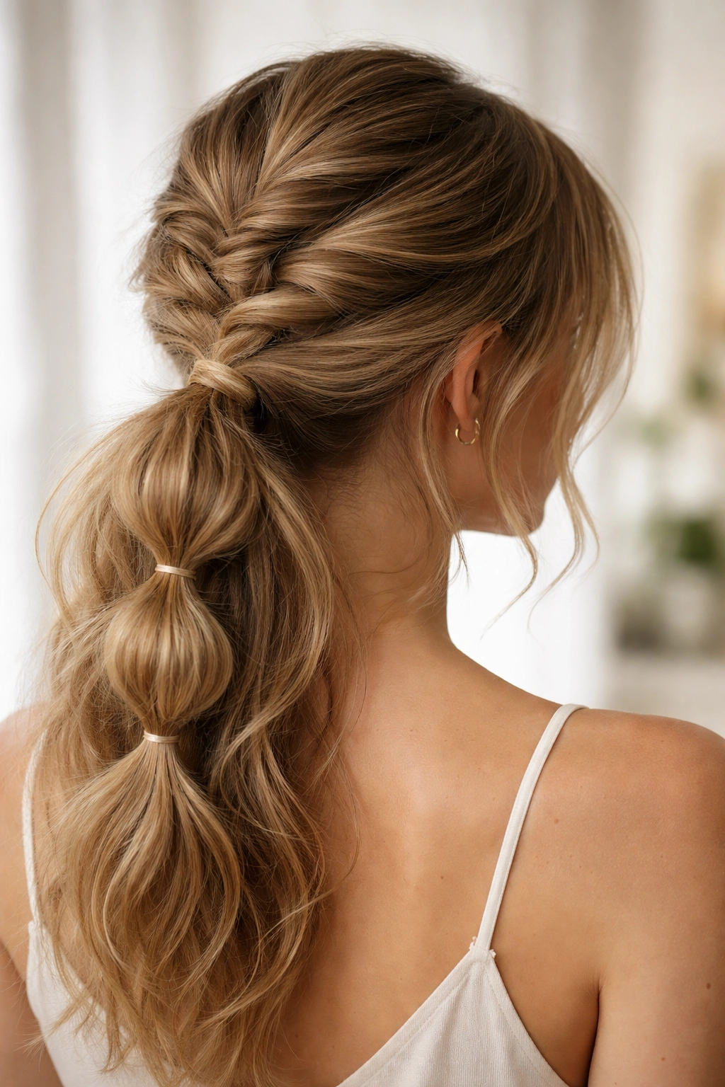 Back view of undone low bubble braid ponytail with uneven bubbles and loose strands