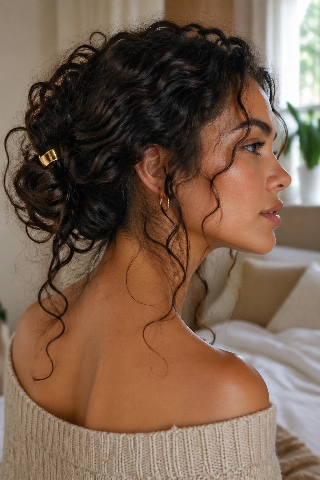 Close-up of undone bun with escaping curls on a real woman, gold cuff