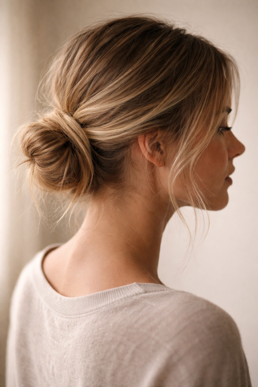 Close-up of undone ultra-low loop bun at the nape with half-through tail and width
