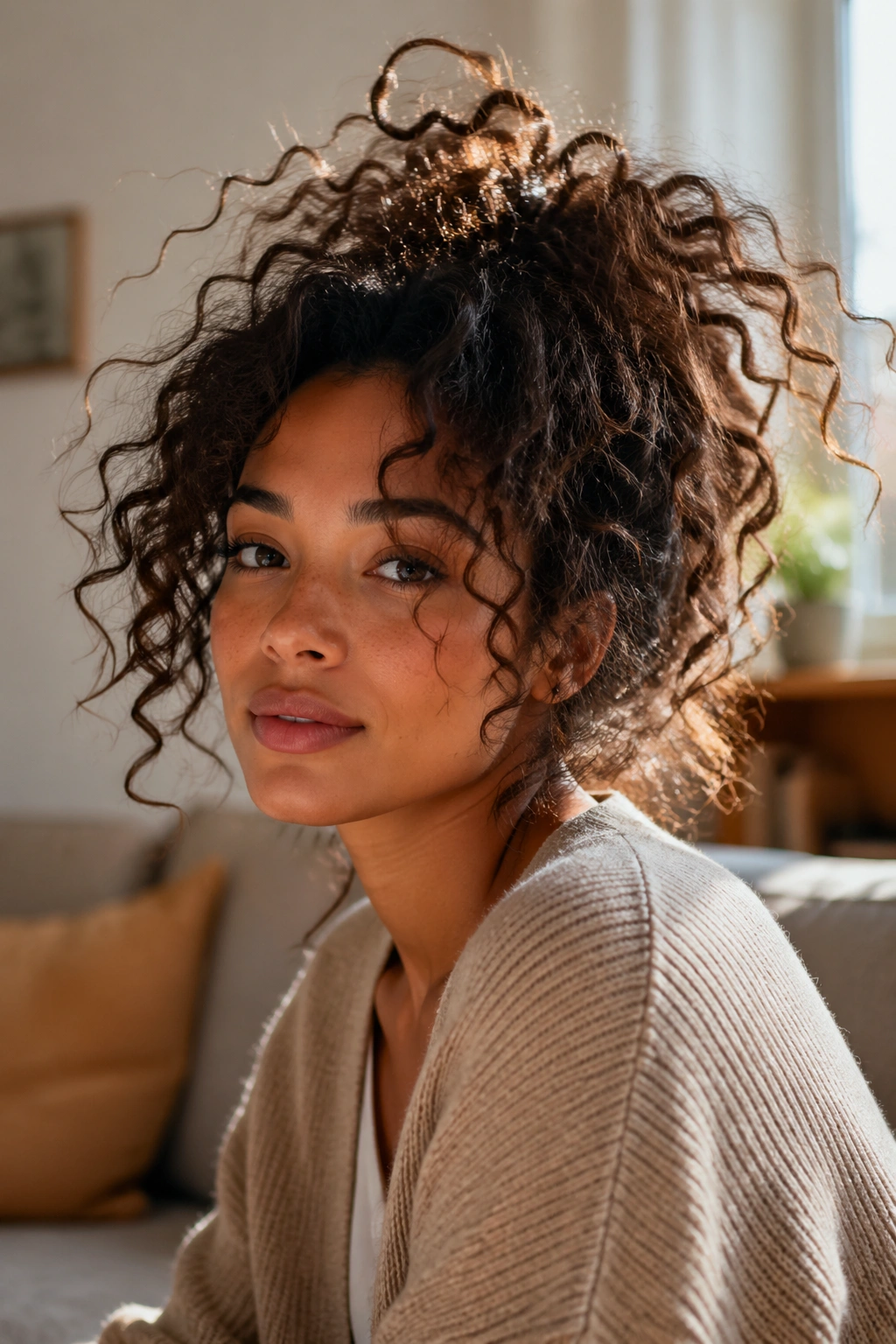 Close-up of a real person with loose natural curls in an undone look