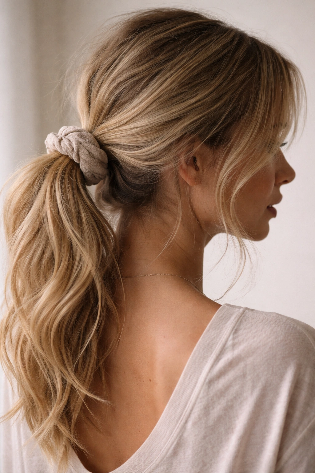 Naturally undone day-two pony with scrunchie and loose strands