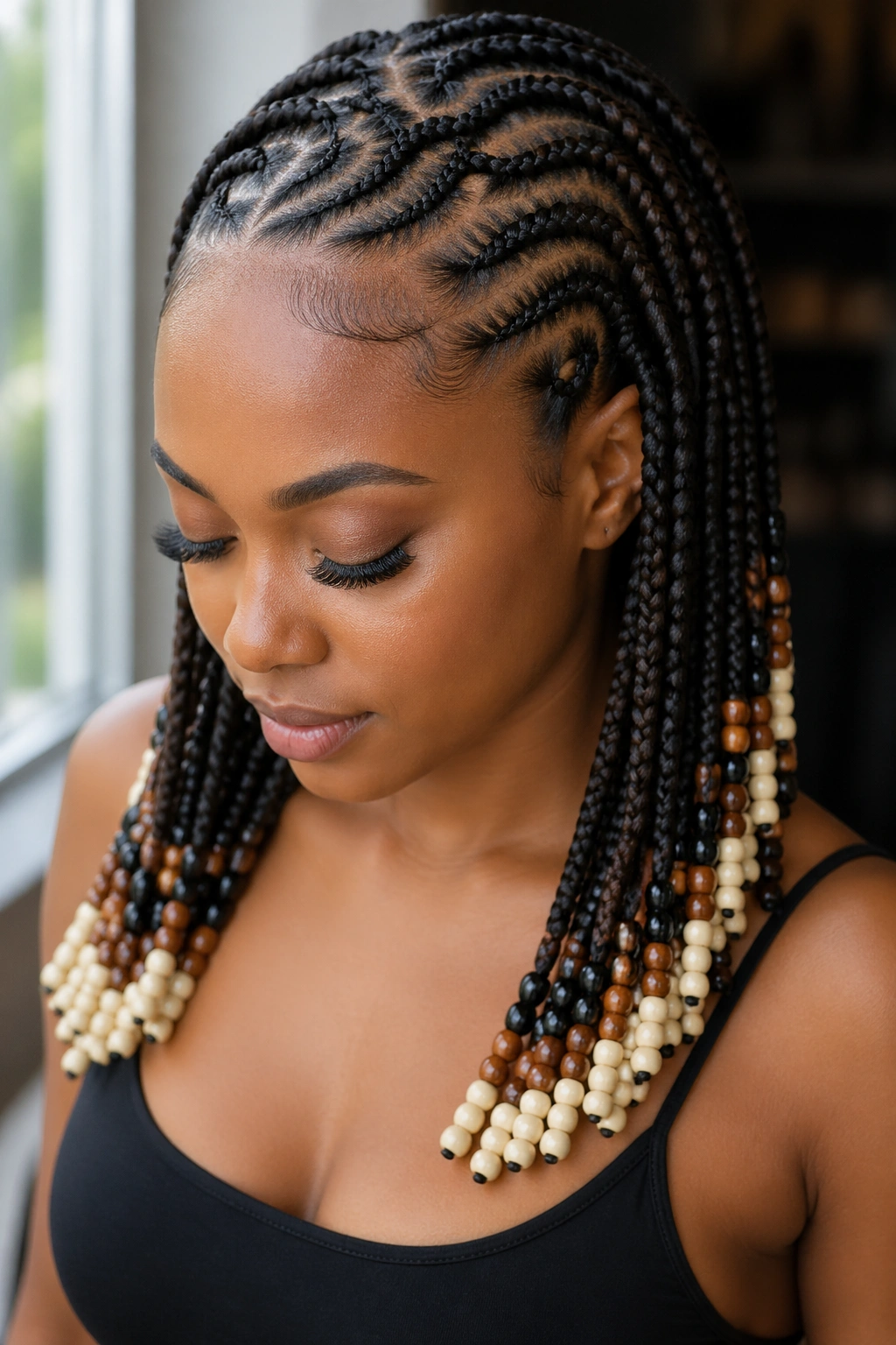 Close-up of undulating stitch waves with ombre beads on a real person