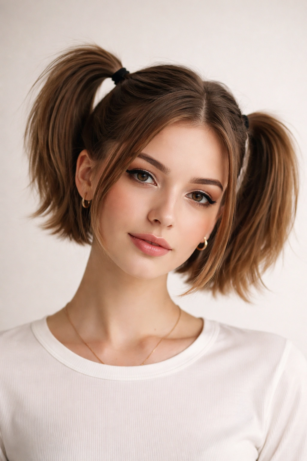 Front view of a short cut with two uneven ponytails, one higher than the other