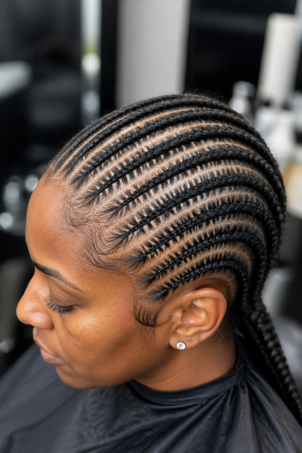 Portrait of real woman with uniform needle cornrows demonstrating stitch precision