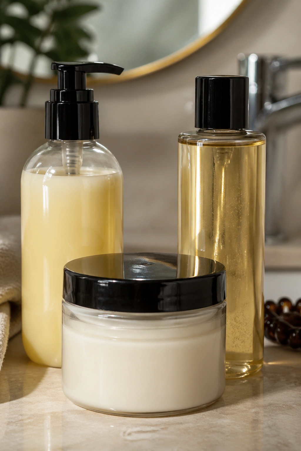 Unlabeled hair product containers on a bathroom counter