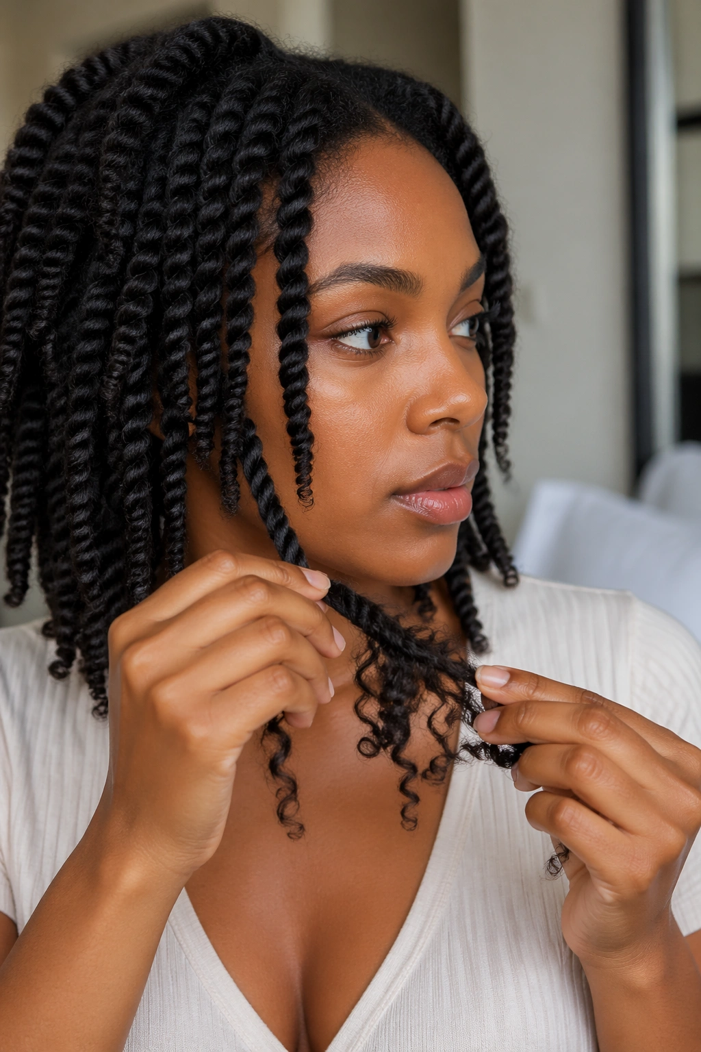 Real person mid-unravel twist-out showing elongated curls