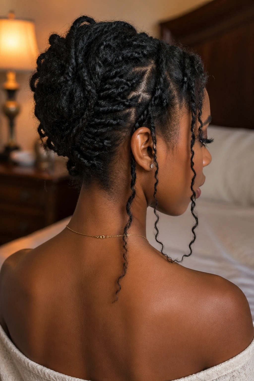Rear three-quarter view of a real woman with an unstructured twist updo