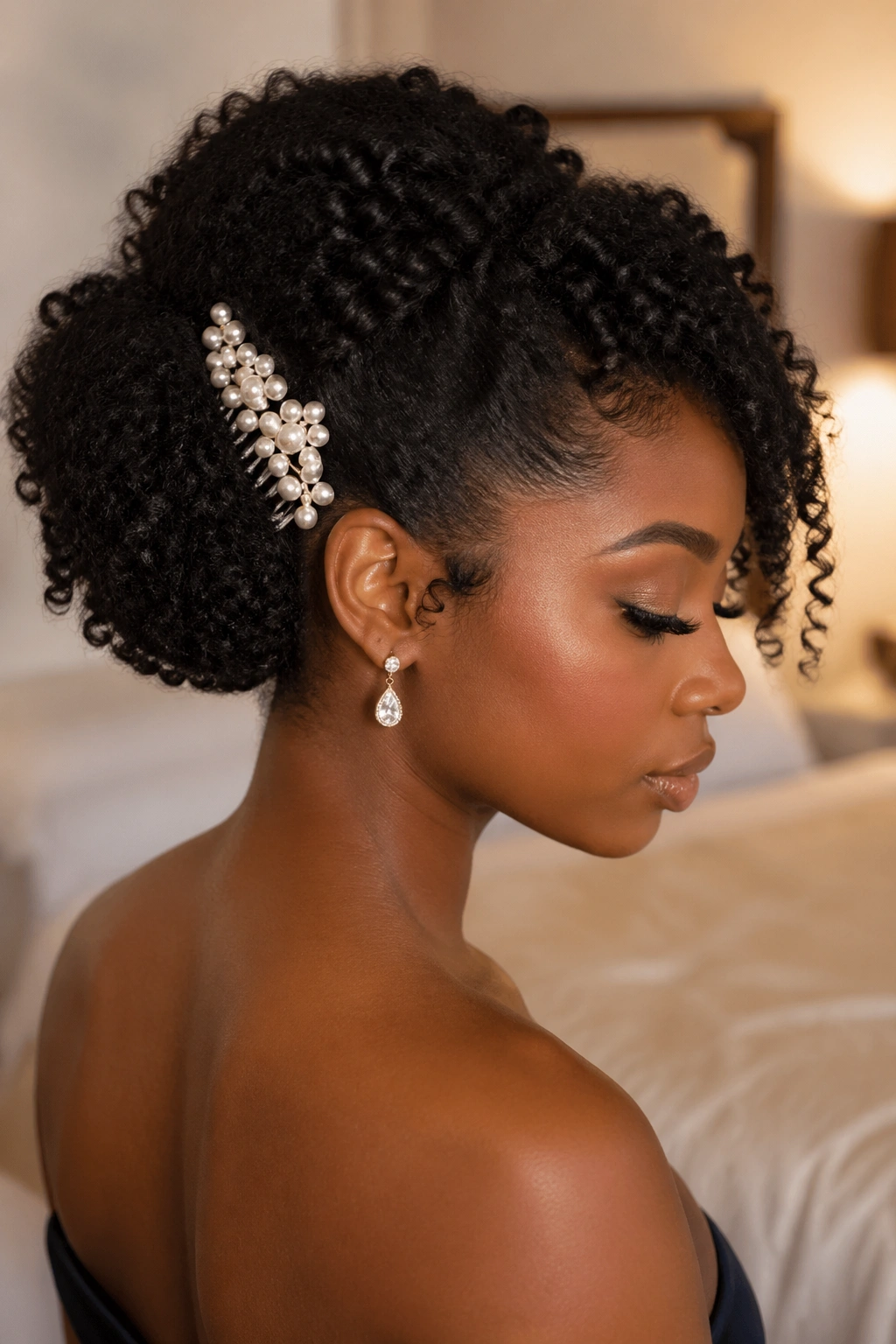 Real woman wearing an updo with pearl-embellished comb accessory