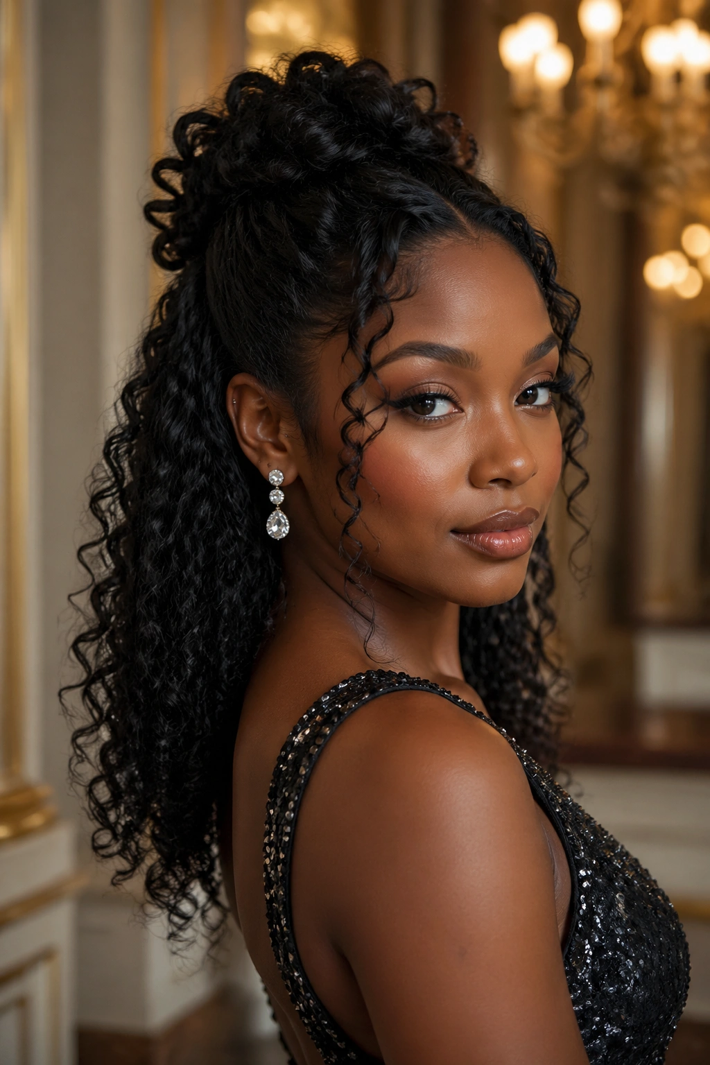 Portrait of a Black woman with a sophisticated half-up hairstyle for a formal event