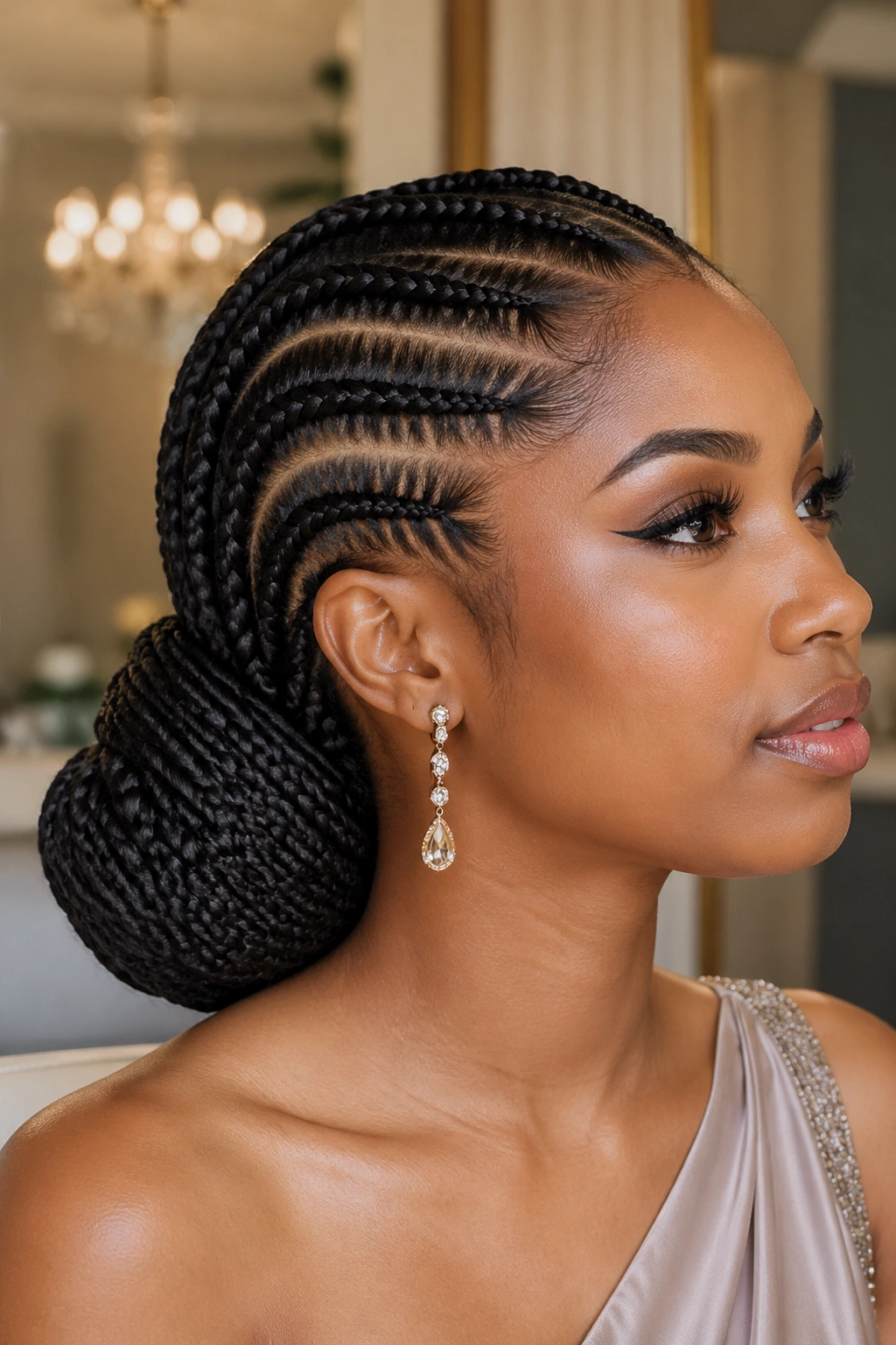 Real woman with cornrows and box braids in a low bun at the nape