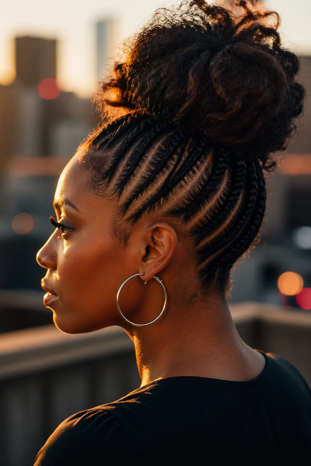 Real woman with updo bun and cornrowed sides