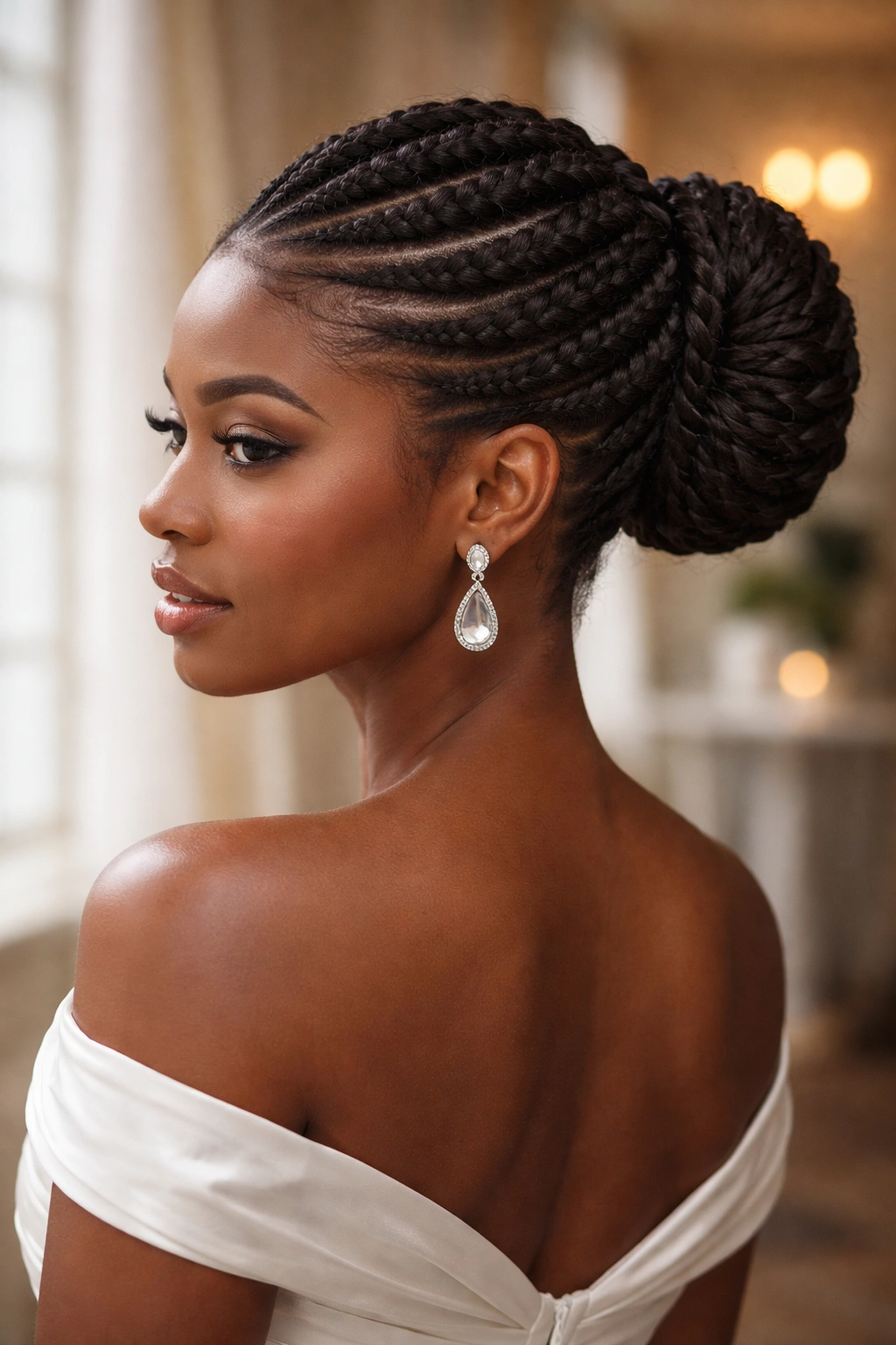 Close-up of a real woman with flat twist updo and a back bun forming a sculptural crown