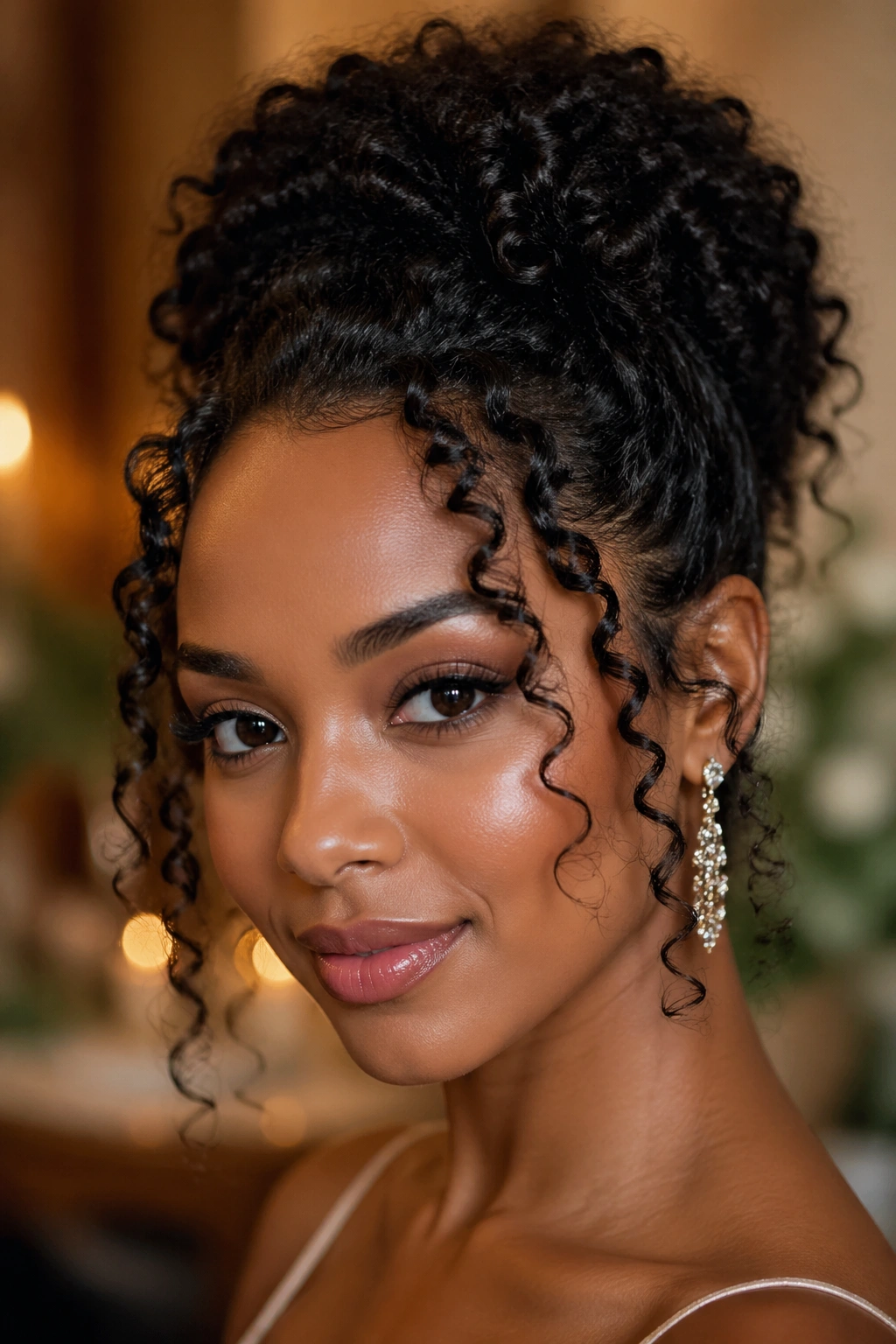 Close-up of a real woman with an elegant updo and coiled tendrils framing the face
