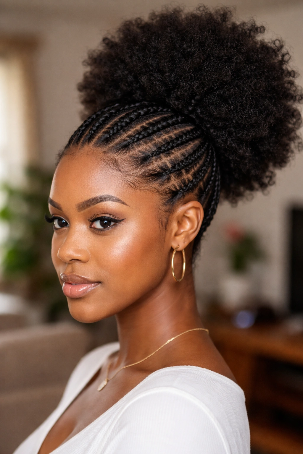 Close-up of cornrows converging at crown with a large Afro puff