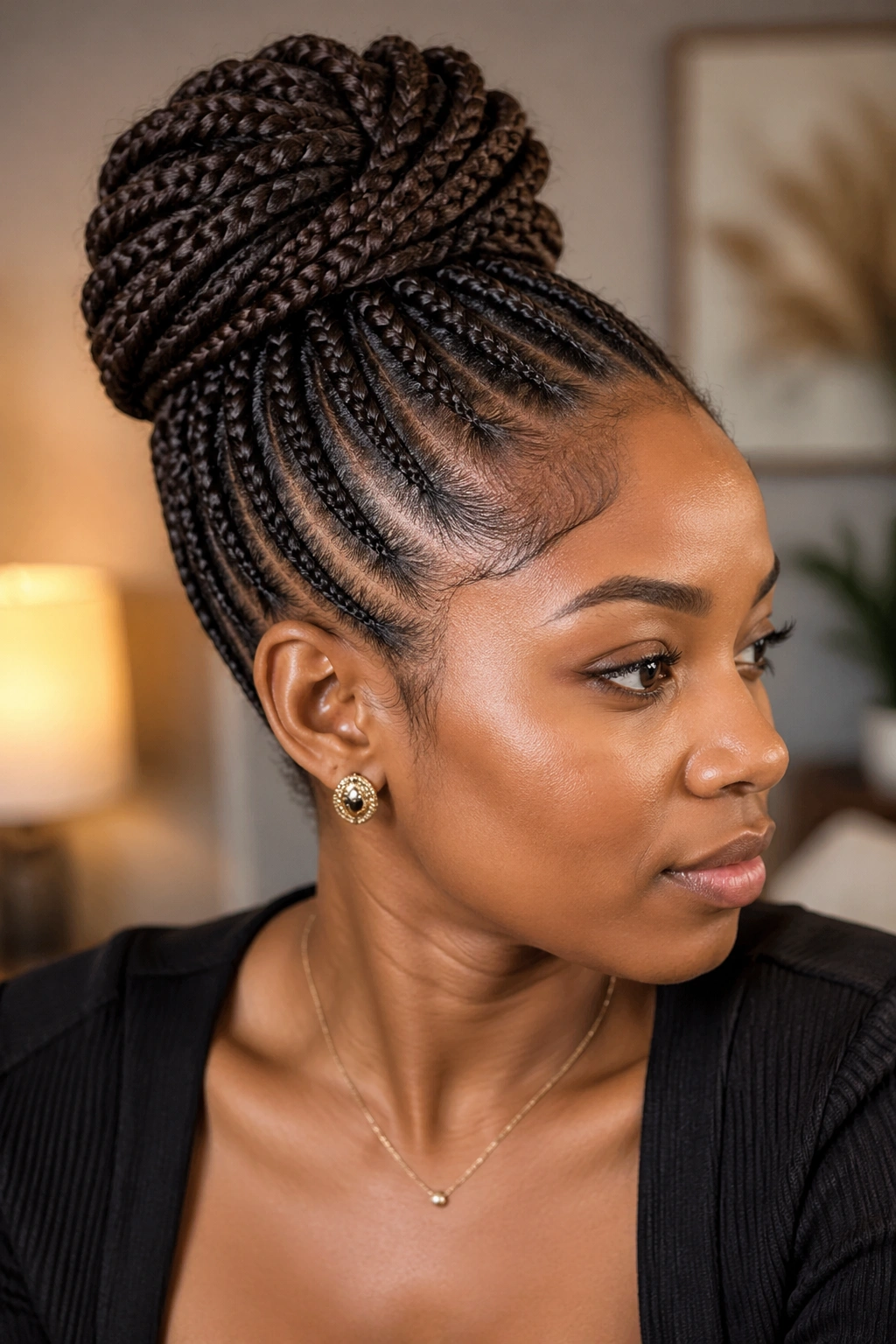 Close-up of a real woman with dark brown cornrow updo in a chic indoor setting