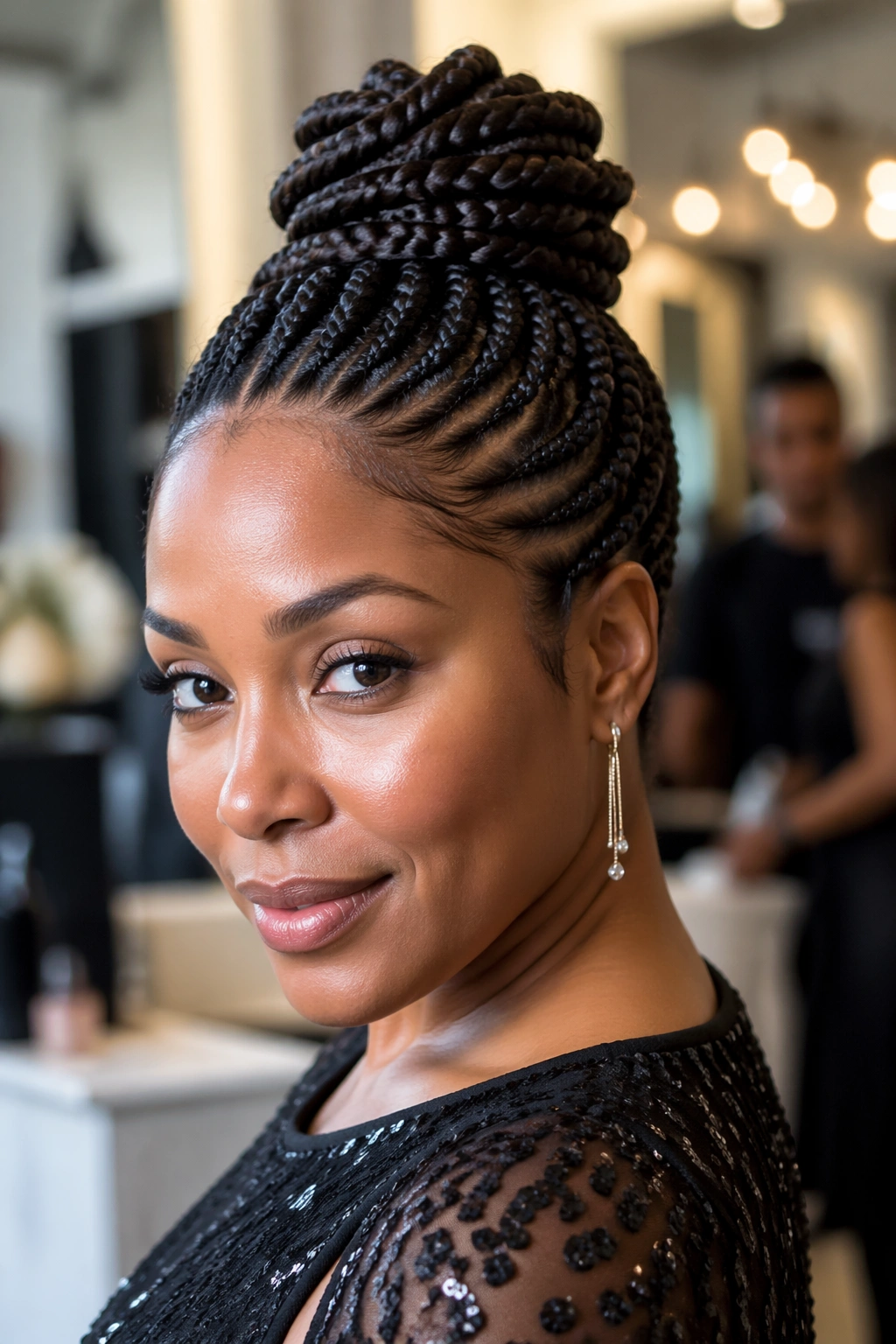 Close-up of a real person wearing a polished cornrow updo suitable for various occasions