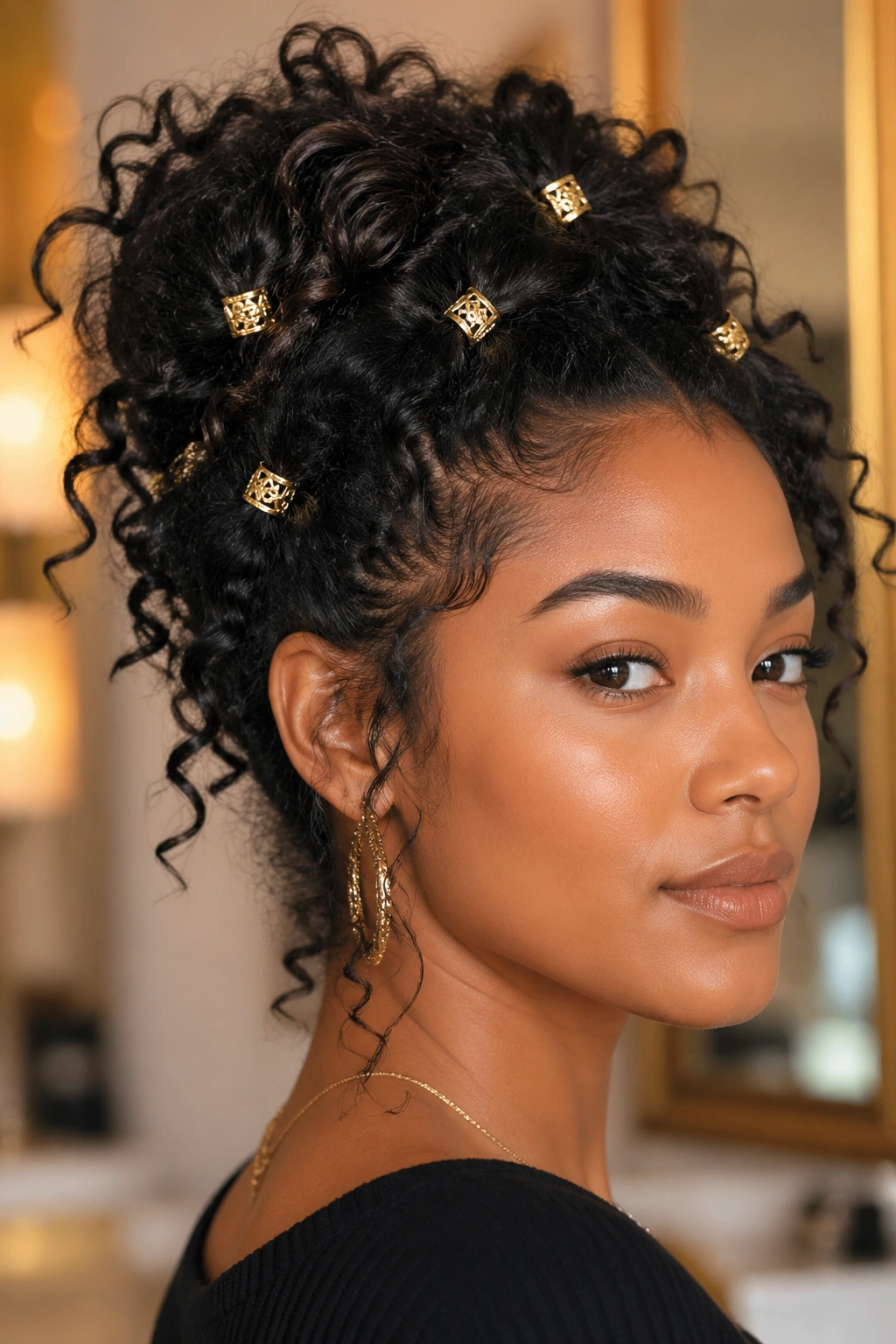 Close-up of a real woman with a loose textured juicy curl updo and gold cuffs