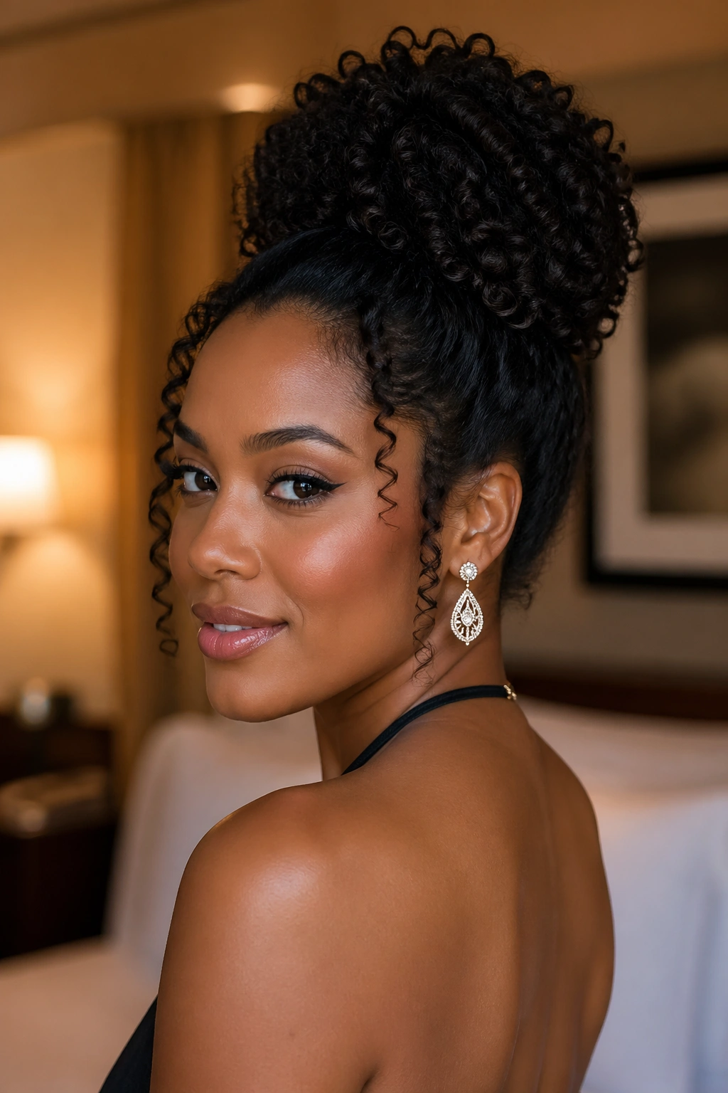 Portrait of a woman with an elegant updo in a chic setting
