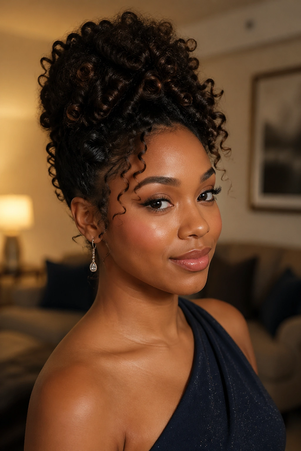 Portrait of woman with a durable updo held through night light