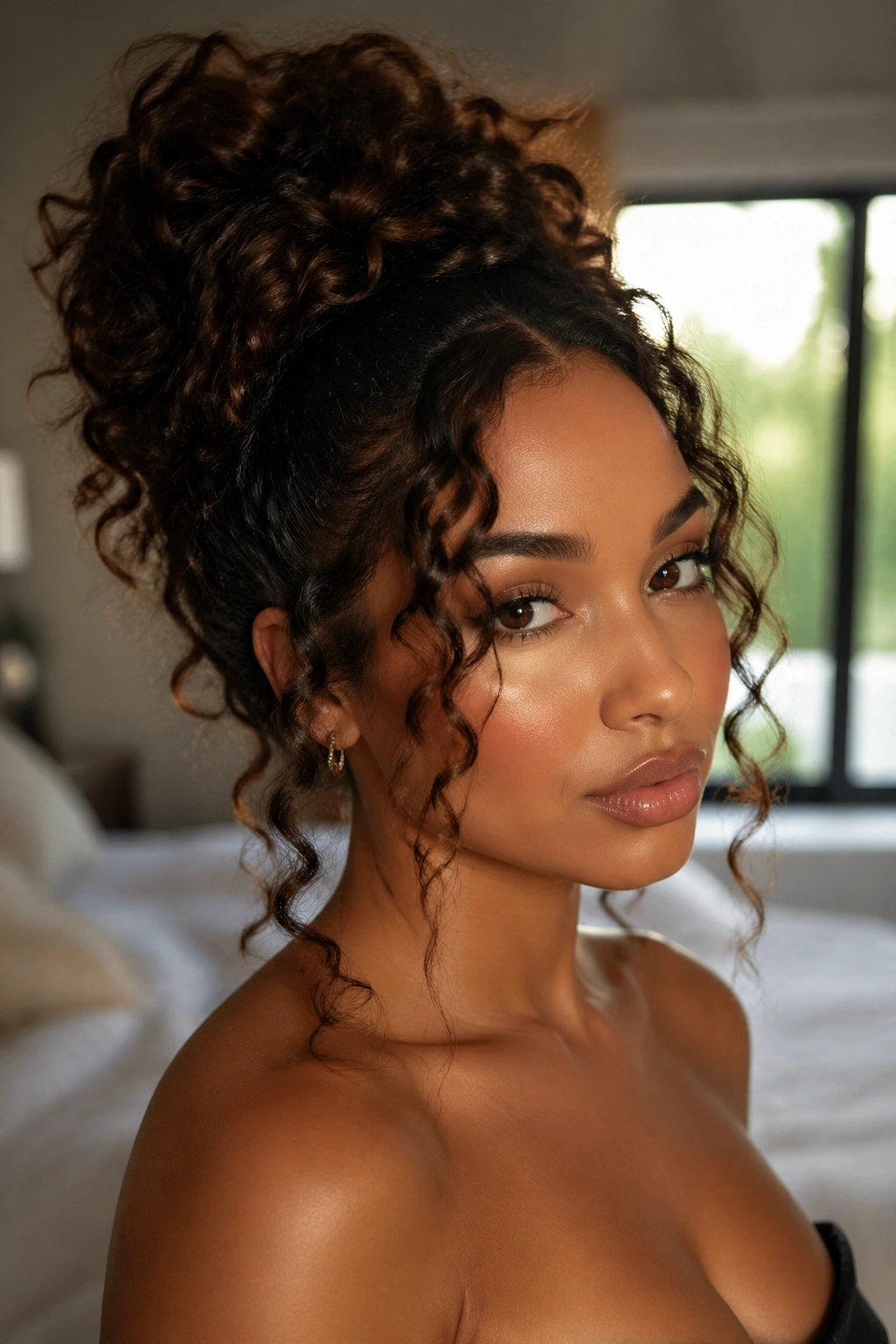 Close-up of a real woman with a high bun and loose curls around the face in warm window light.