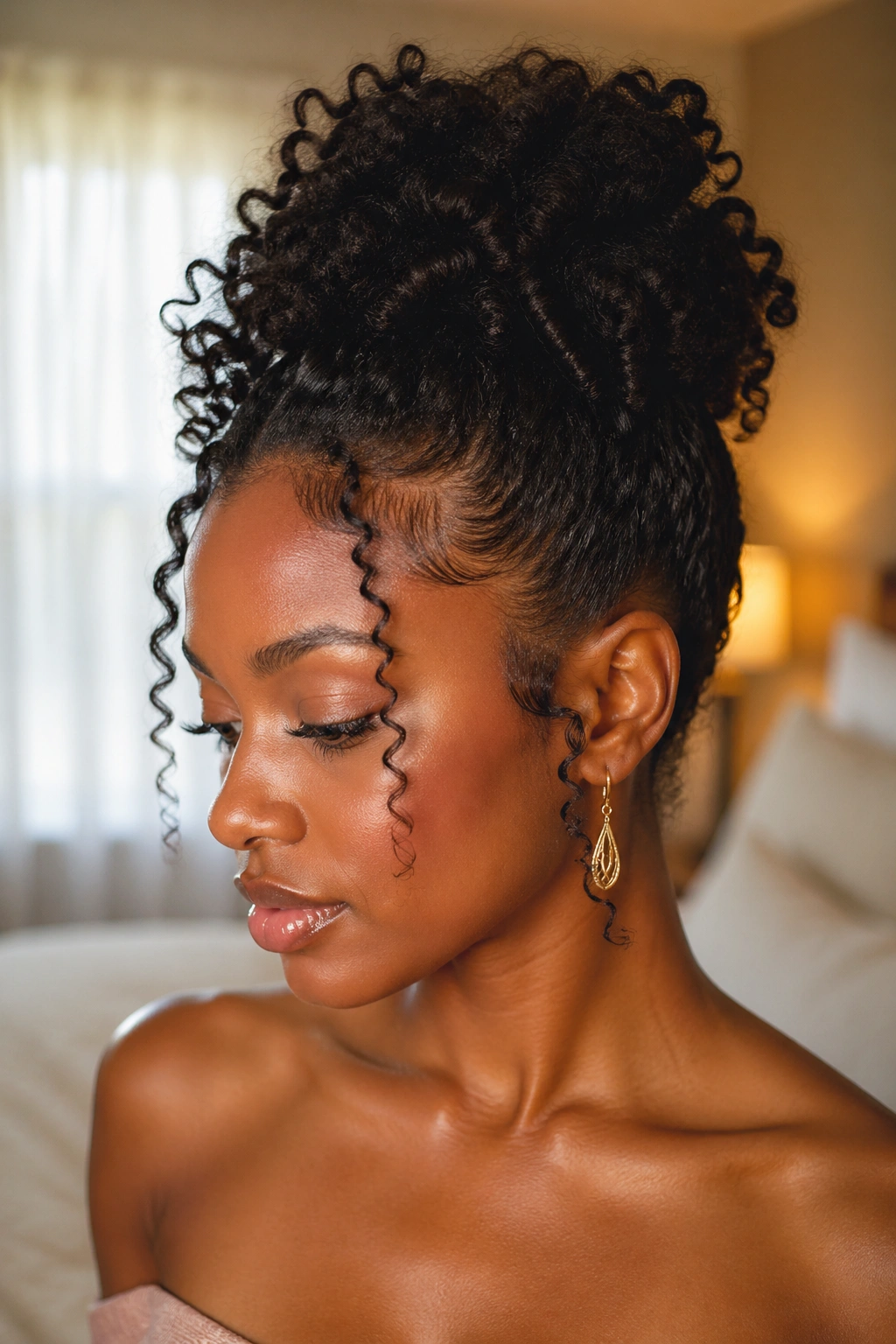 Close-up of a real woman with a true updo showing gathered hair and visible curls