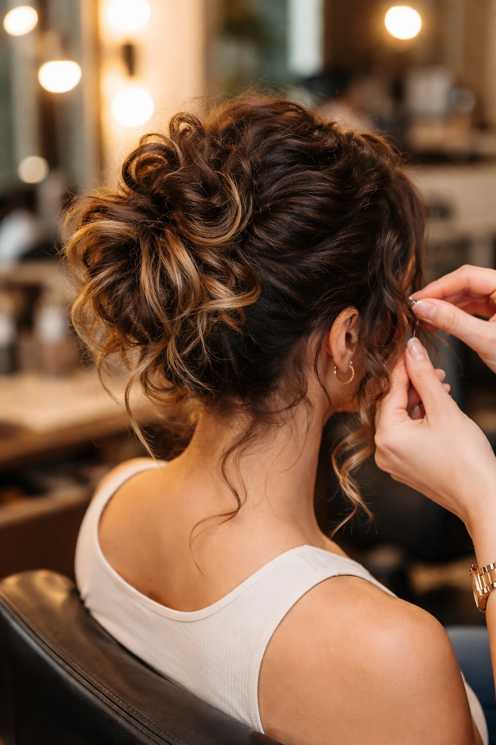 Messy curly updo with painted ends in a salon setting