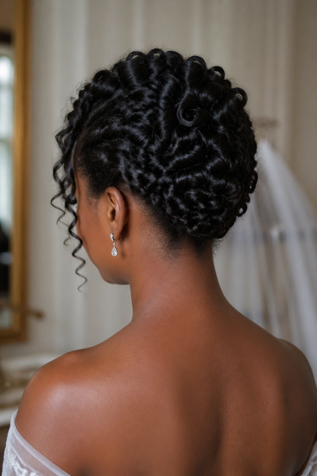 Back view of a real bride with pinned curls in a short natural updo