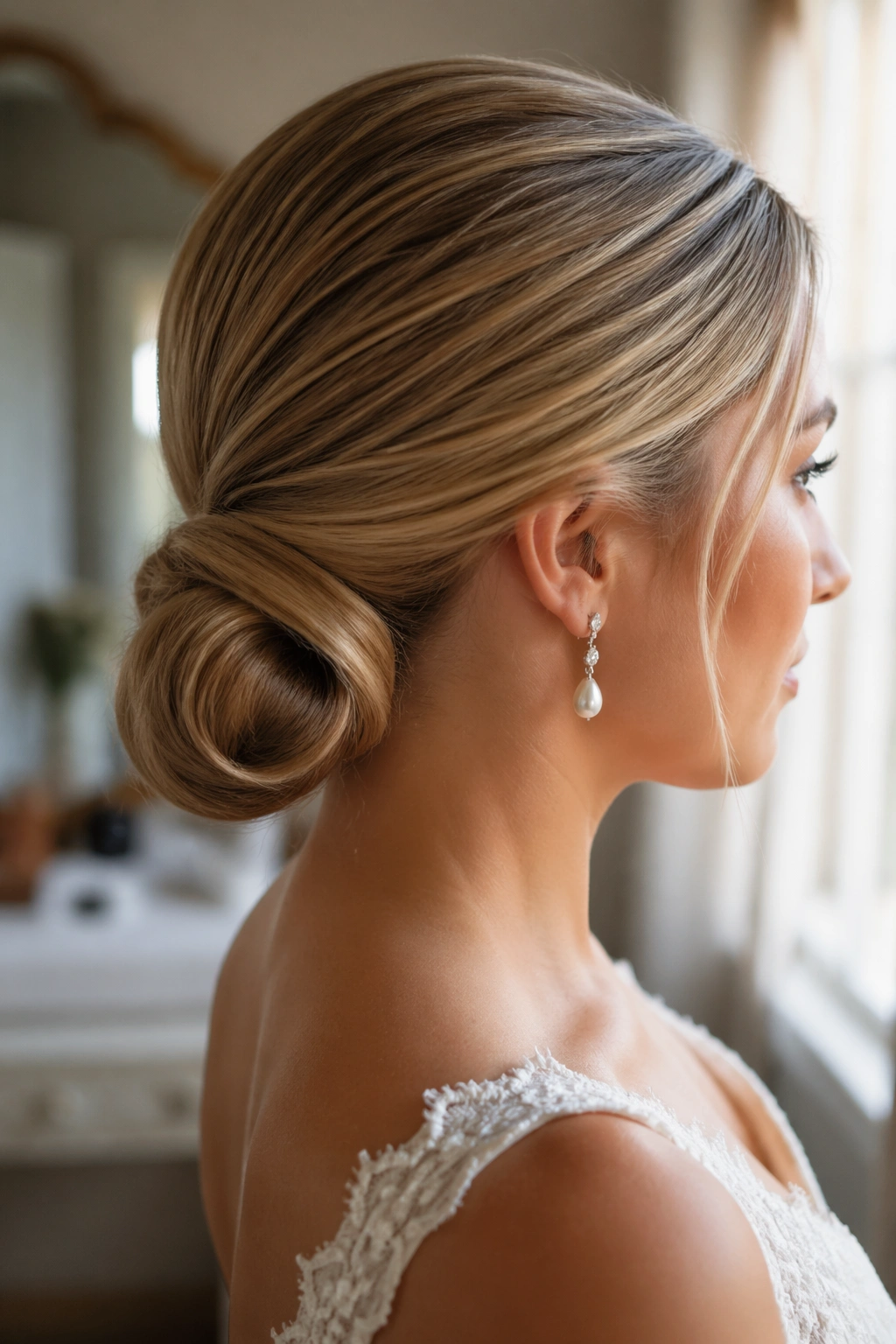 Low Loop Chignon Ponytail close-up on a real woman highlighting the loop at the nape
