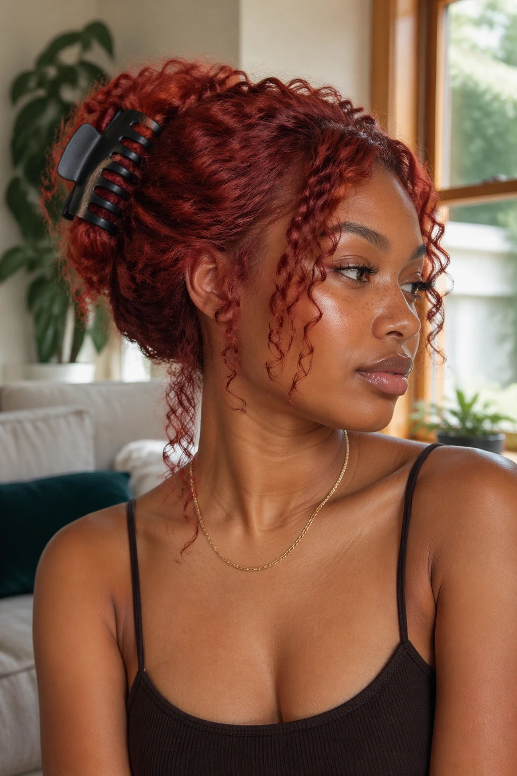 Real woman with claw clip updo and curls left out in red curly wig