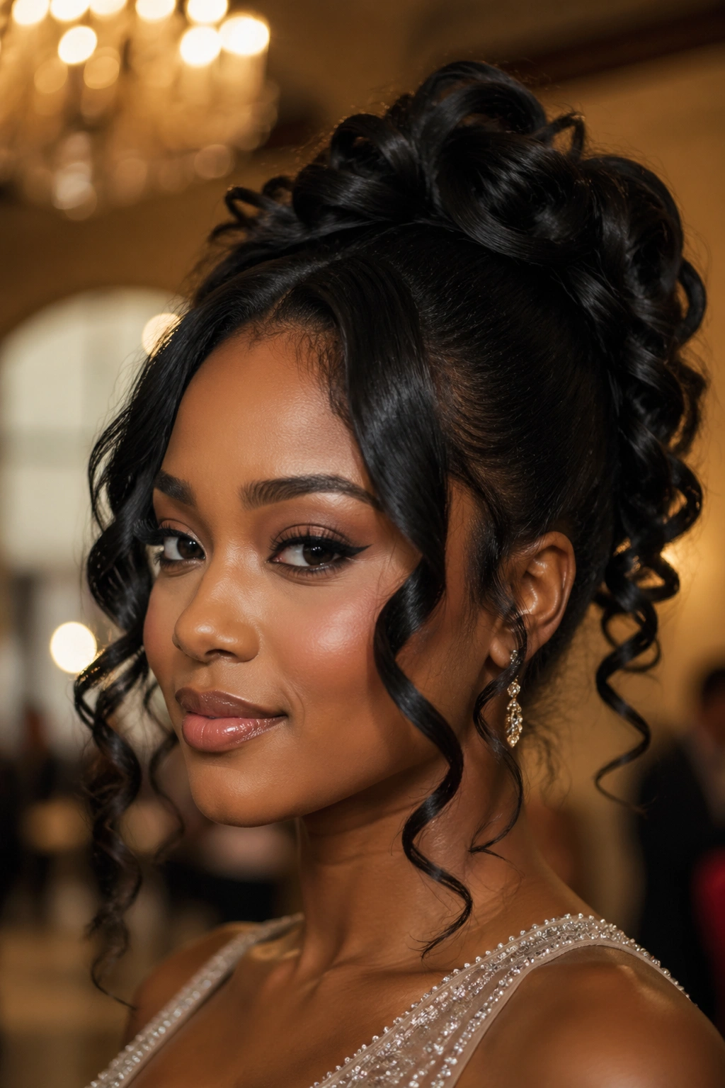 Close-up of a real woman in an updo with curled tendrils around the face