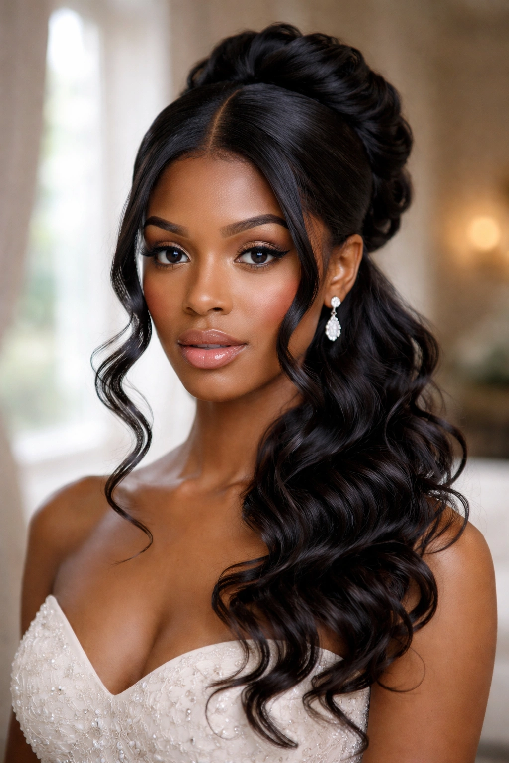 Real woman in a silk-pressed updo with cascading curls.