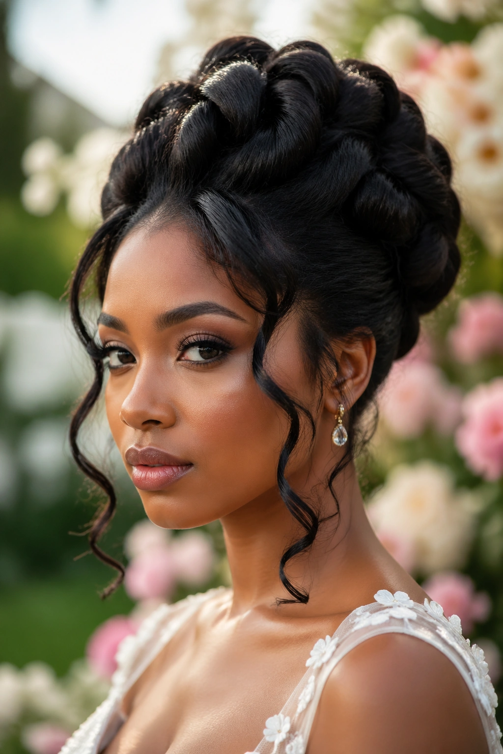 Close-up of a woman with rolled updo and soft tendrils in a garden wedding.