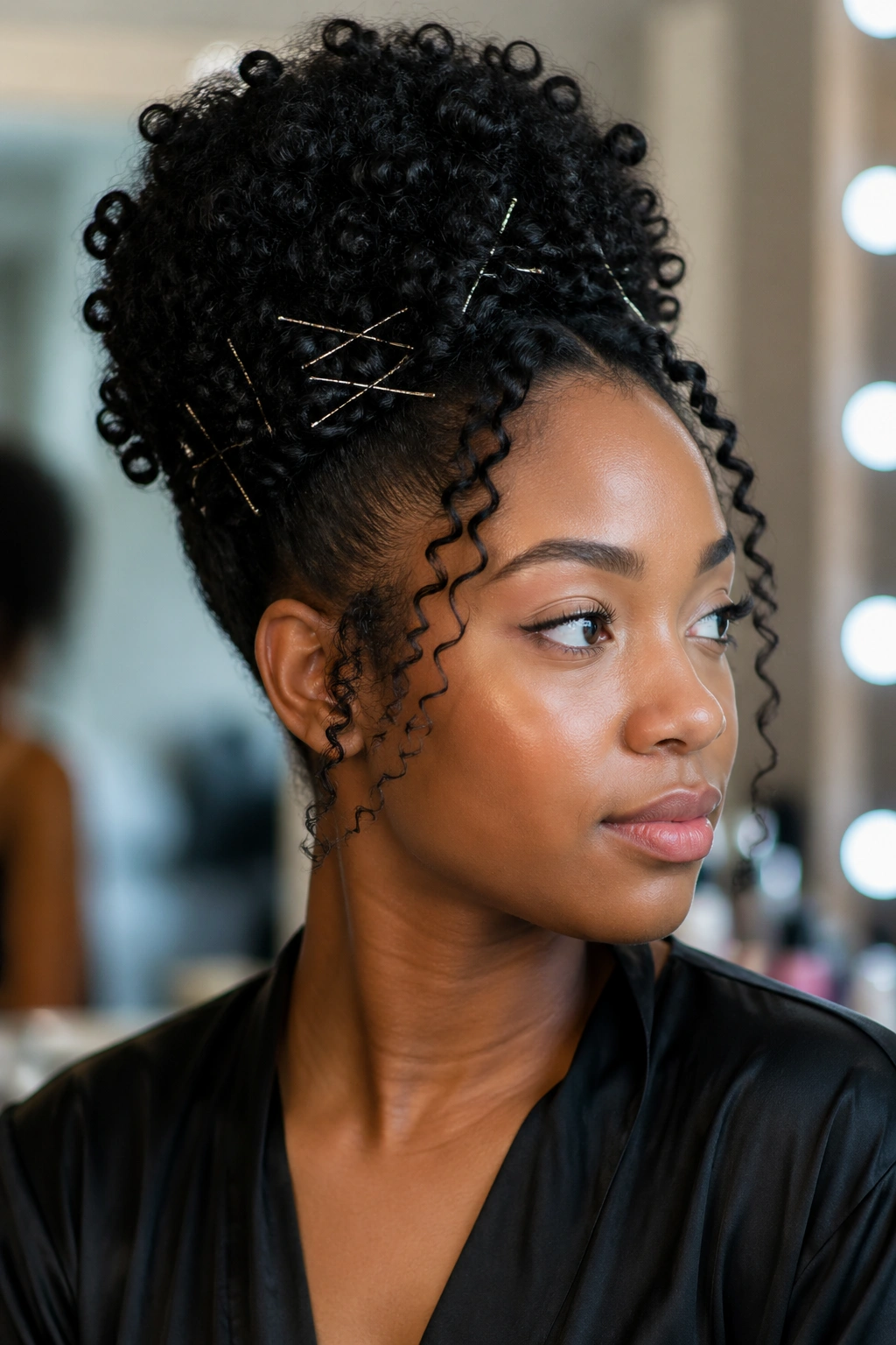 Close-up of real woman during updo trial with pinned hair