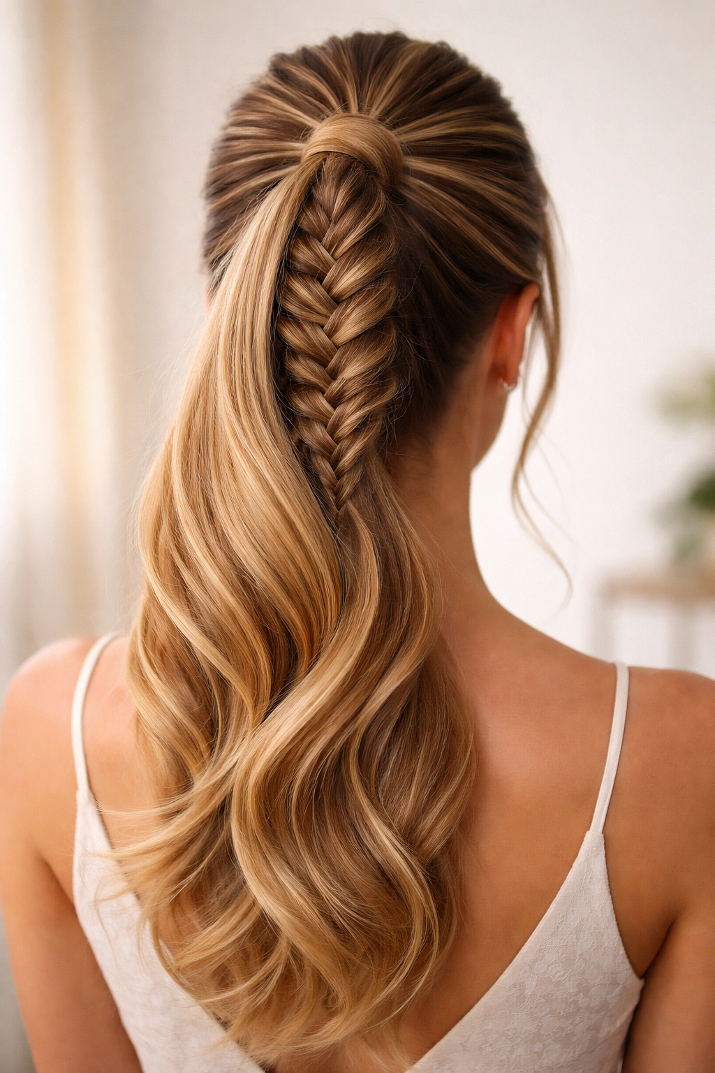 Back view of an upside-down braid forming a ponytail