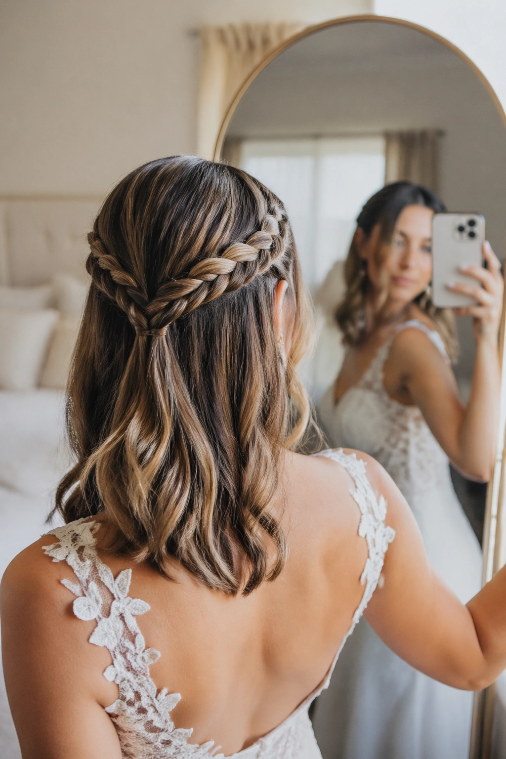 Over-the-shoulder view of V-braid half-up on layered hair
