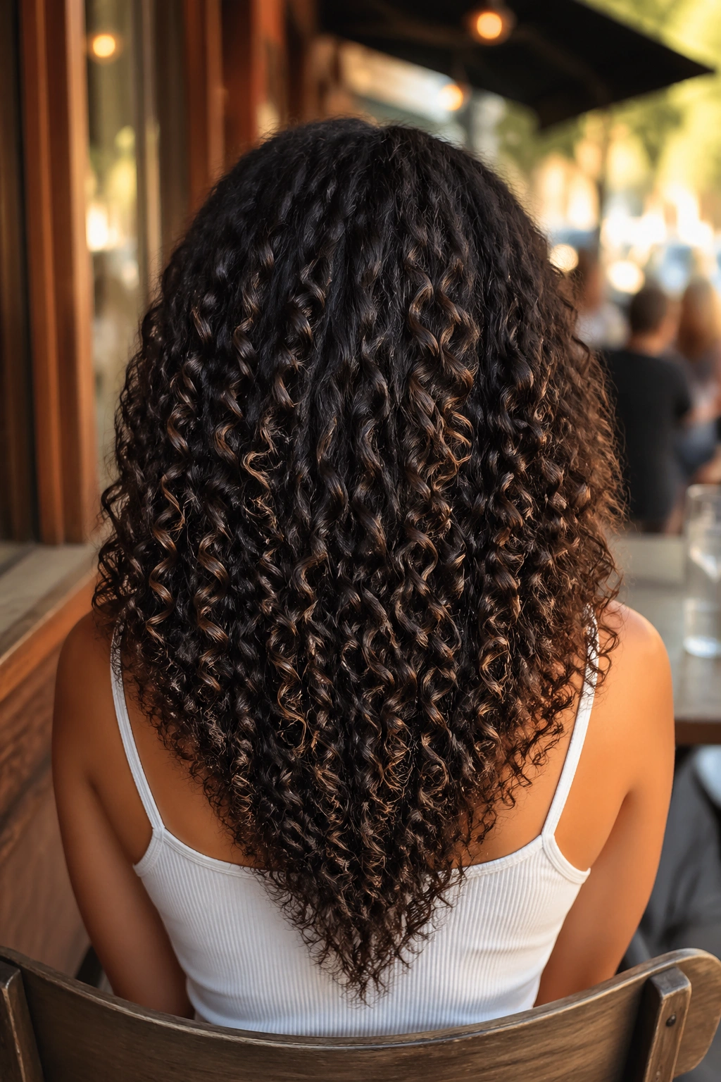 Back view of a real woman with a V-shaped cut at the nape of the neck