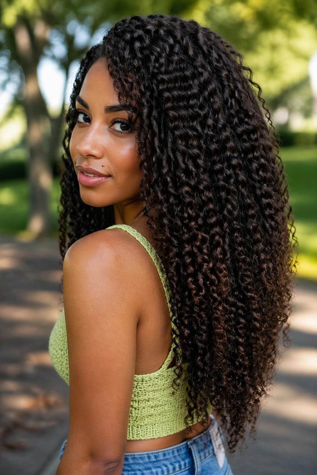 Portrait of a real woman with V-cut long crochet curls showing a V-shaped silhouette in natural daylight