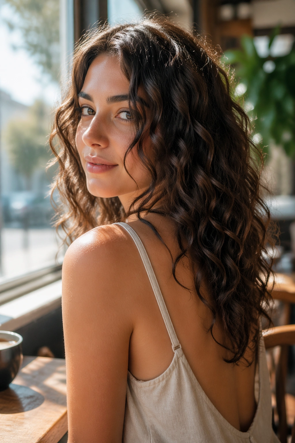 Medium close-up of real woman with V-cut and face-framing pieces in 2c curls
