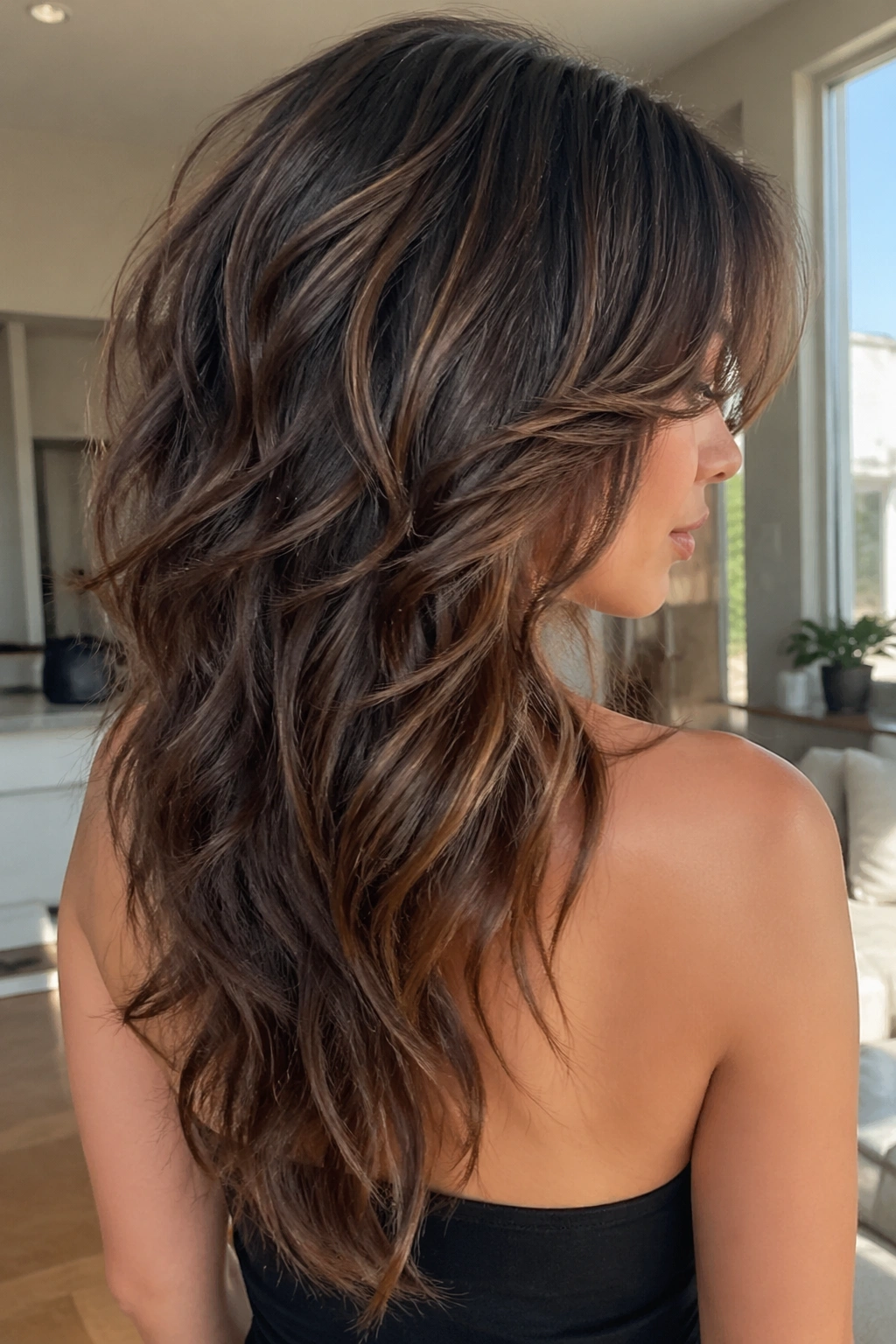 Woman with V-cut layered hairstyle visible from side/rear view.