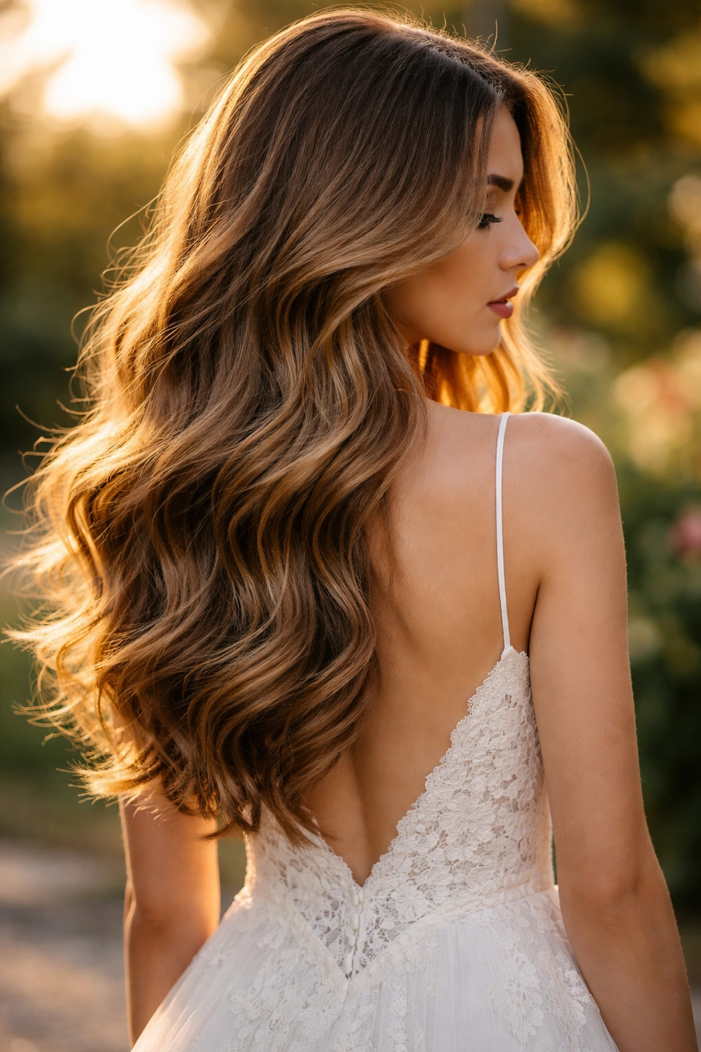 Profile view of a woman with long wavy hair forming a soft V-cut outdoors at golden hour