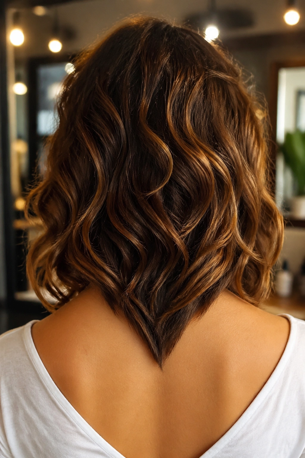 Close-up of back of head showing a V-shaped nape cut with wavy hair